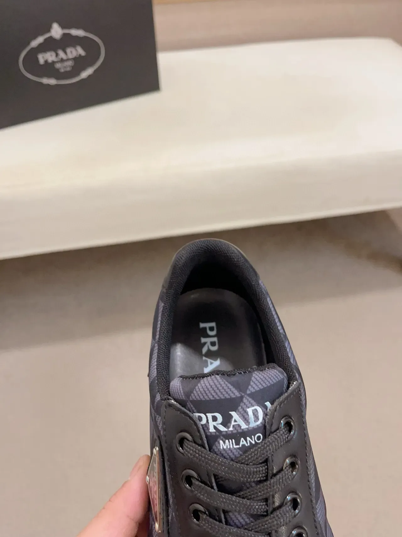 Prada Black Gray Low-Top Geometric-Print Side Panel Lifestyle Sneakers 4