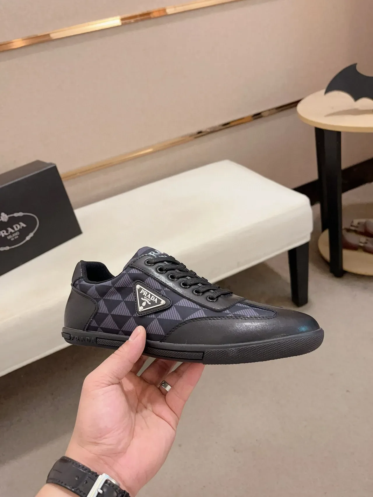 Prada Black Gray Low-Top Geometric-Print Side Panel Lifestyle Sneakers 5