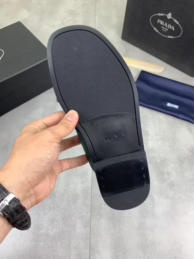 Prada Black Green Crossed-Strap Metal Logo Plaque Slippers 2