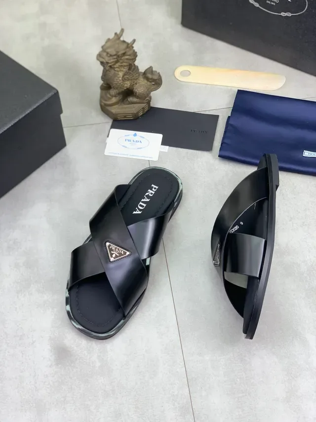 Prada Black Green Crossed-Strap Metal Logo Plaque Slippers 4