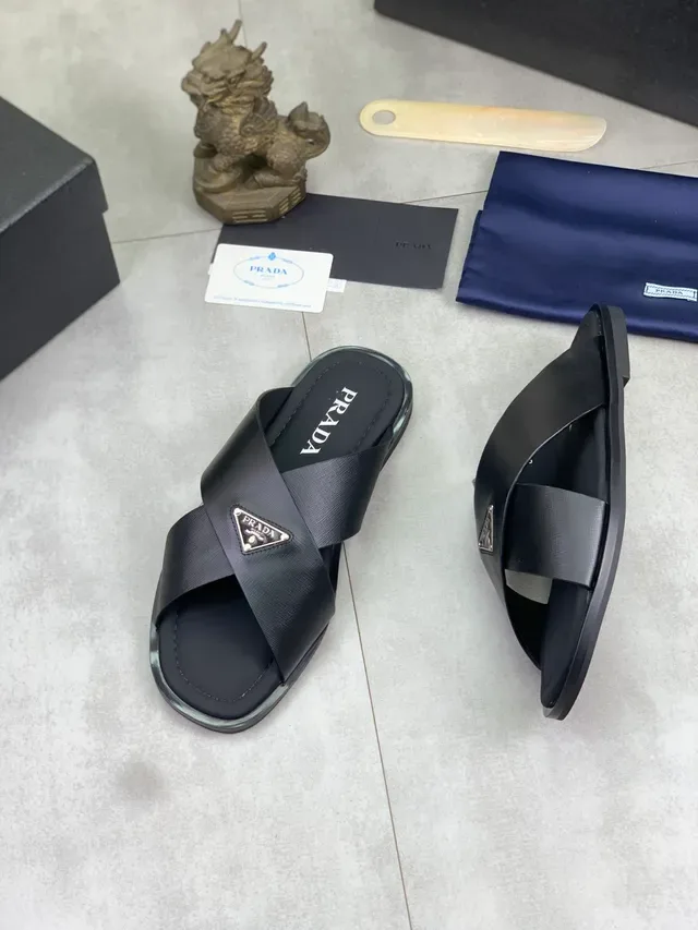 Prada Black Green Crossed-Strap Metal Logo Plaque Slippers 6