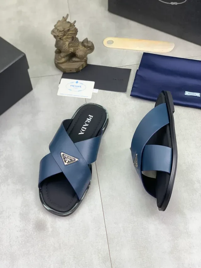 Prada Black Green Crossed-Strap Metal Logo Plaque Slippers 7