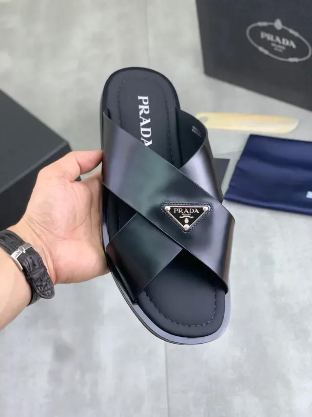 Prada Black Green Crossed-Strap Metal Logo Plaque Slippers 9