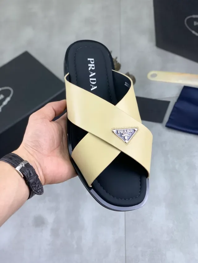 Prada Black Green Crossed-Strap Metal Logo Plaque Slippers 10