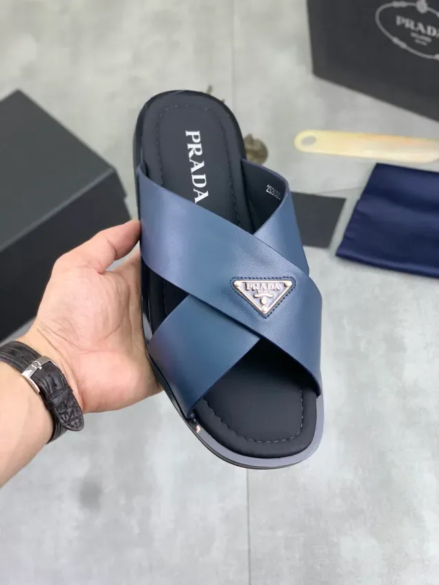 Prada Black Green Crossed-Strap Metal Logo Plaque Slippers 12
