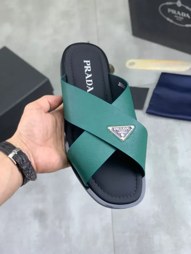 Prada Black Green Crossed-Strap Metal Logo Plaque Slippers 13