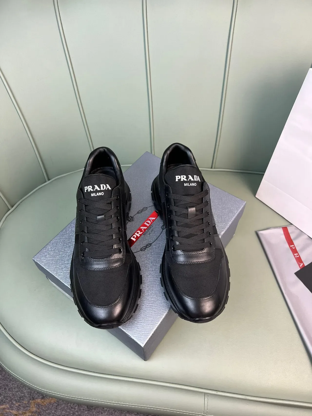 Prada Black Leather and Textile Low-Top Lifestyle Sneaker 8