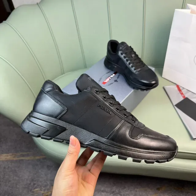 Prada Black Leather Ridged Sole Chunky Sneakers 3