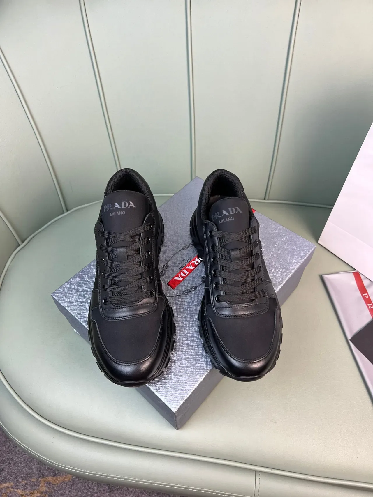 Prada Black Leather Ridged Sole Chunky Sneakers 7