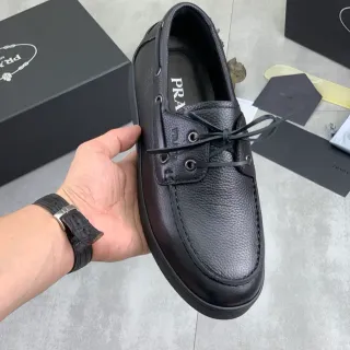 Prada Black Pebbled Leather Boat Shoe