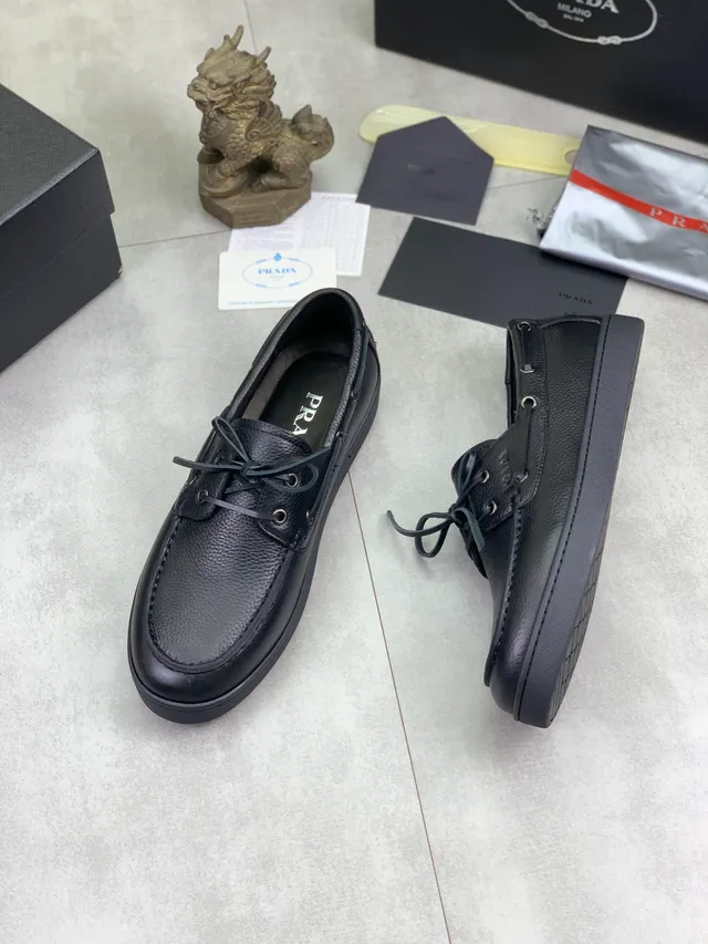 Prada Black Pebbled Leather Boat Shoe 5