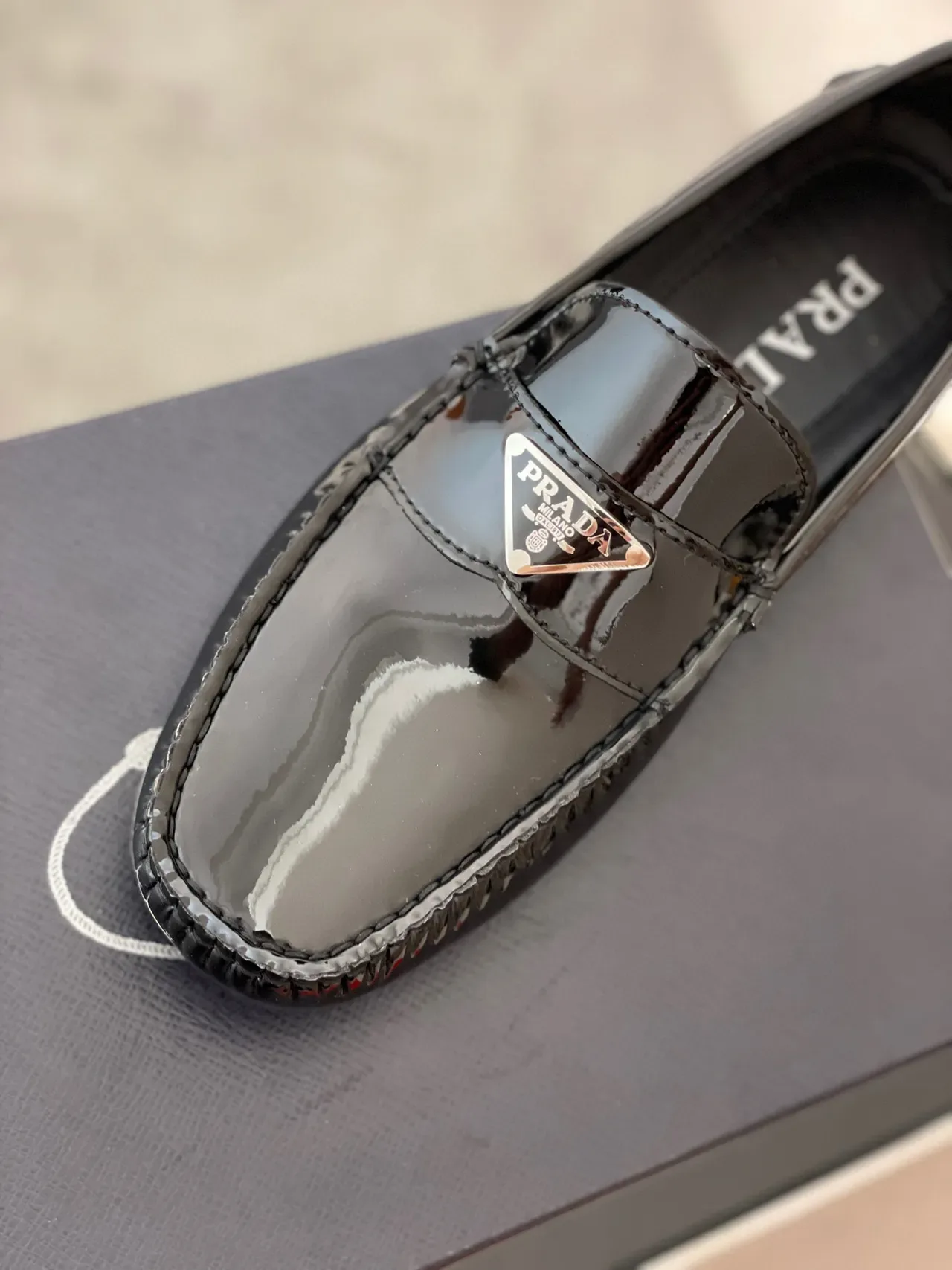 Prada Black Red Glossy Patent Leather Moc-Toe Stitching Loafer 2