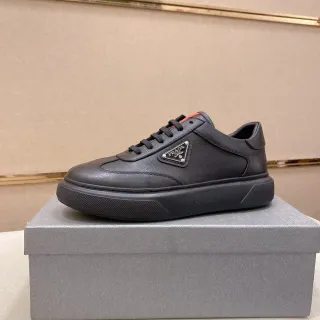 Prada Black Red Leather Upper Triangular Logo Plaque Lifestyle Sneakers