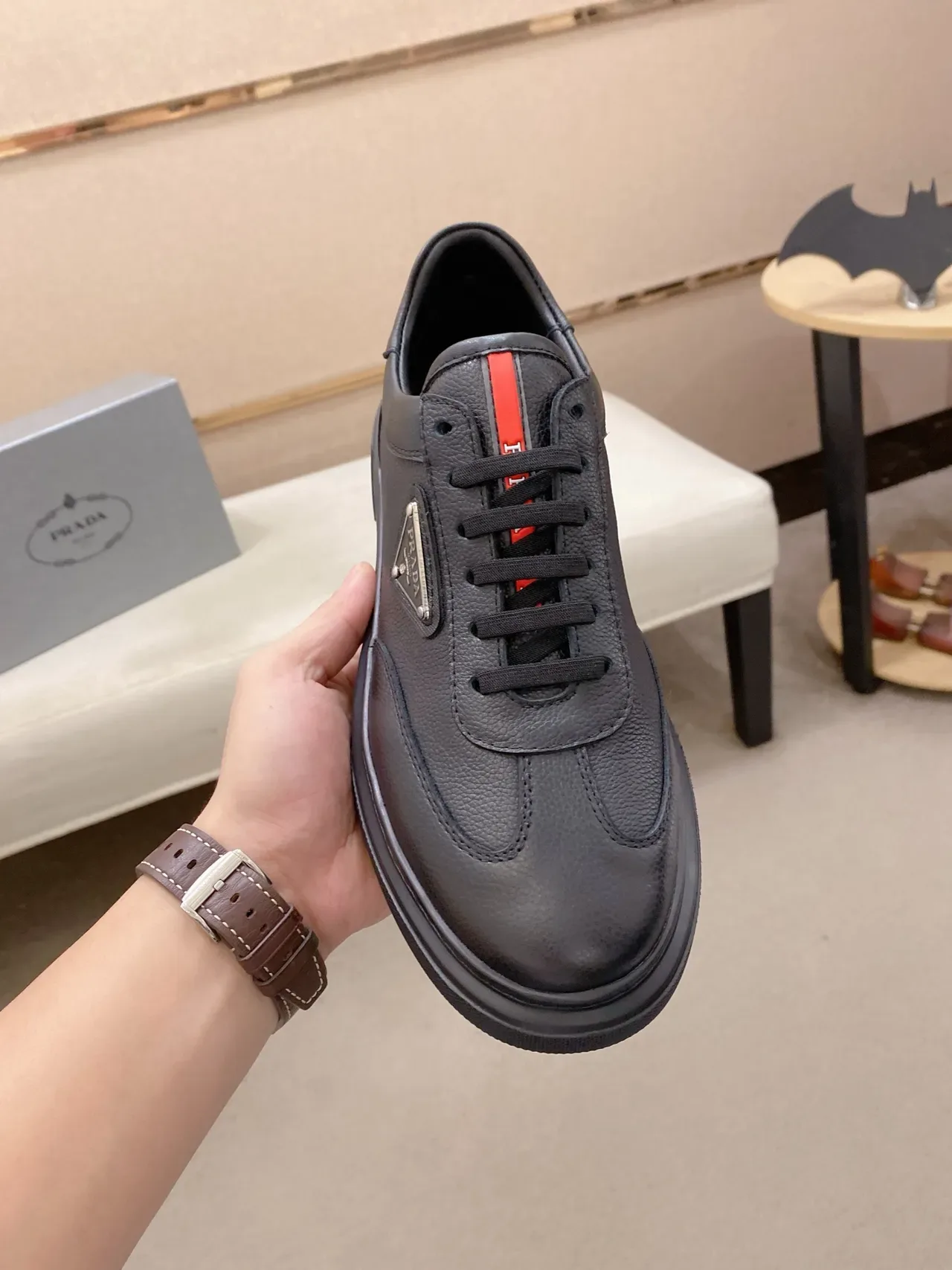 Prada Black Red Leather Upper Triangular Logo Plaque Lifestyle Sneakers 6