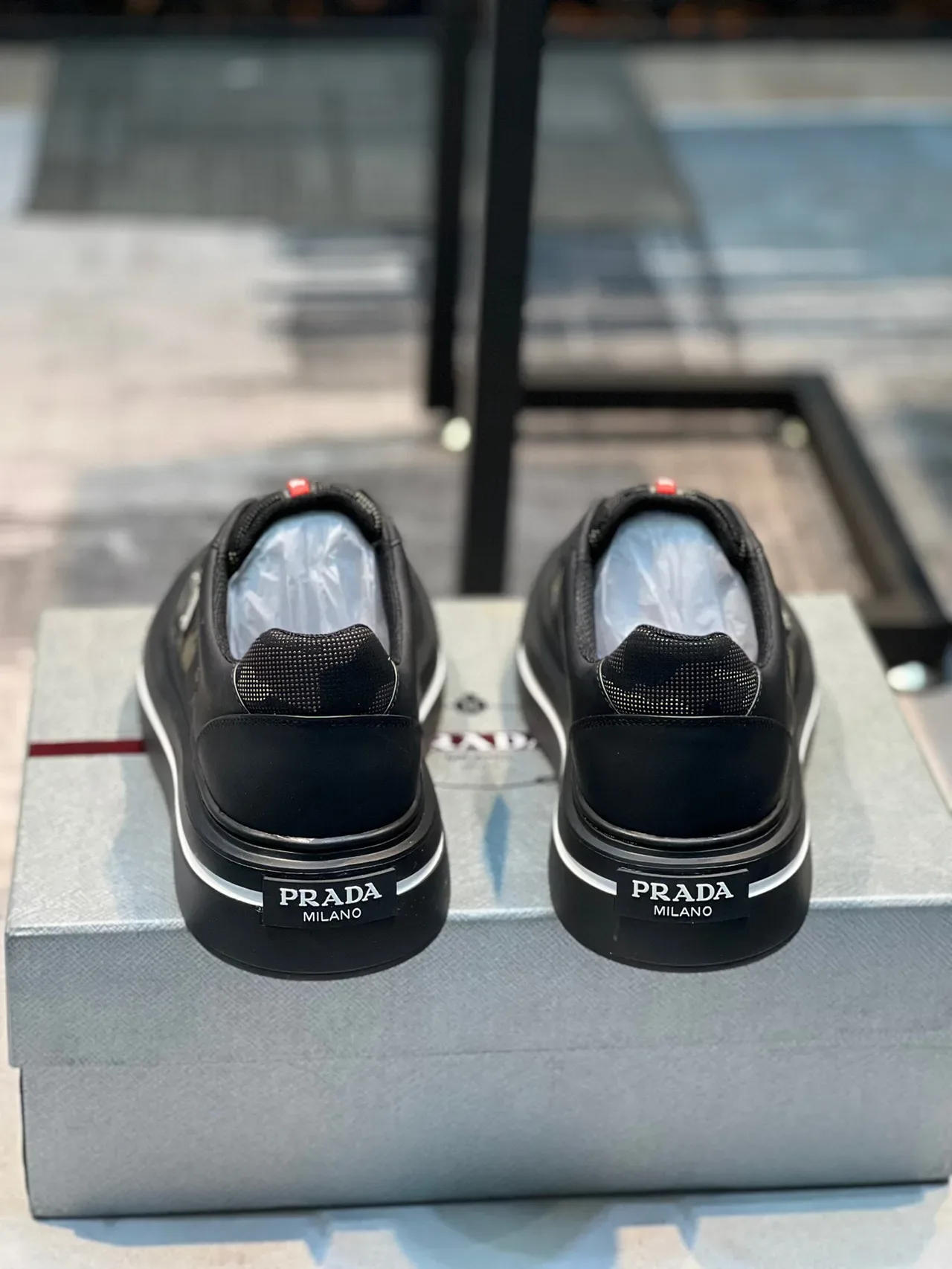 Prada Black Red Mesh And Leather Upper Thick Platform Sole Lifestyle Sneakers 2