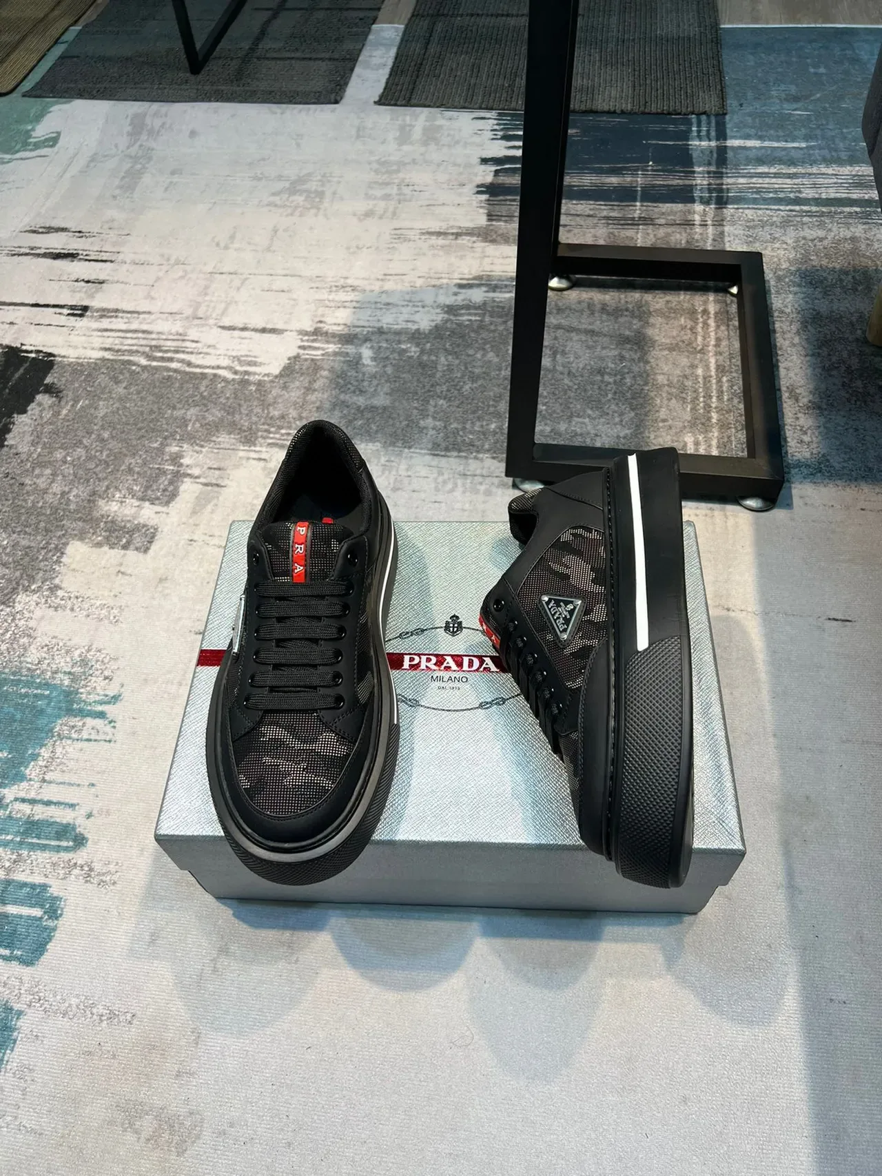 Prada Black Red Mesh And Leather Upper Thick Platform Sole Lifestyle Sneakers 4