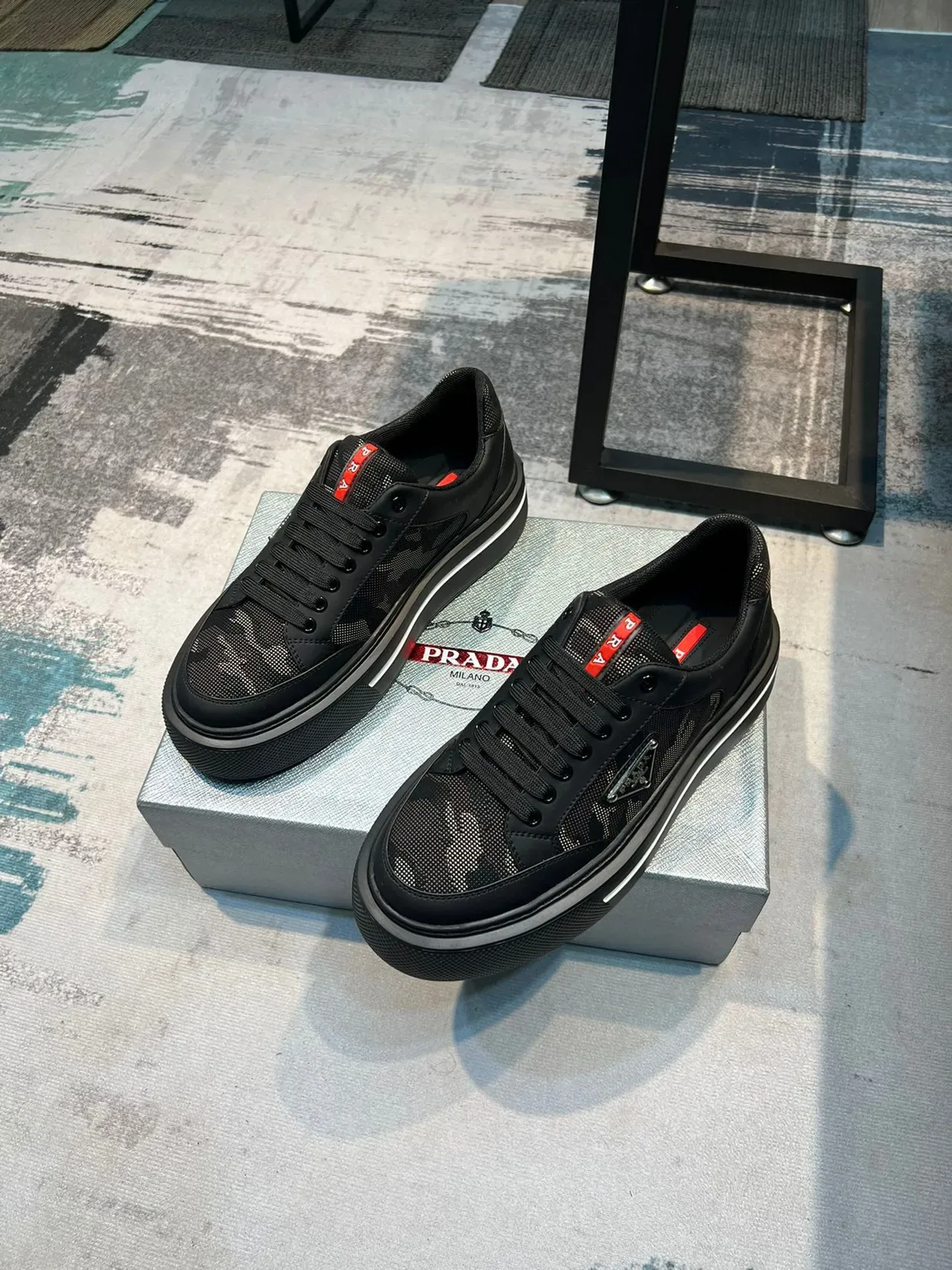 Prada Black Red Mesh And Leather Upper Thick Platform Sole Lifestyle Sneakers 5