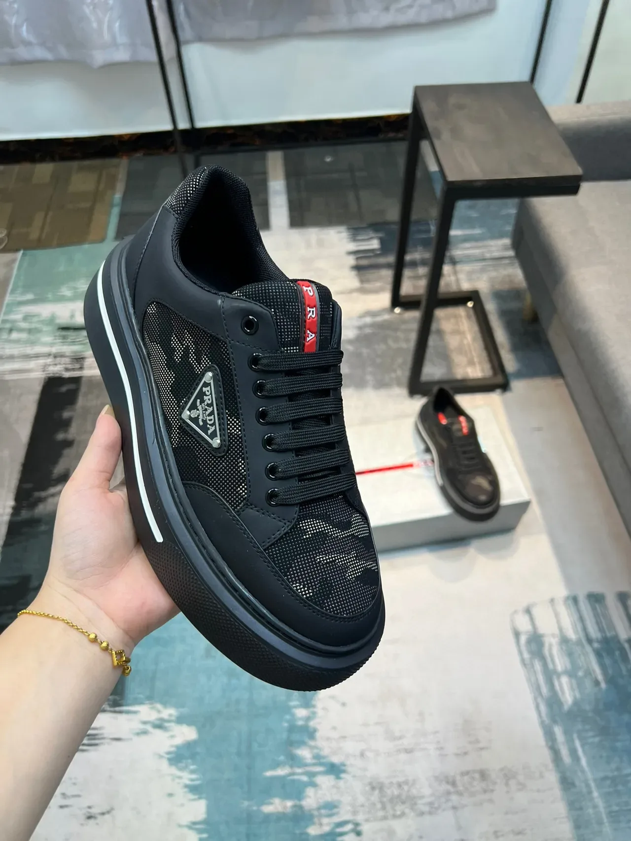 Prada Black Red Mesh And Leather Upper Thick Platform Sole Lifestyle Sneakers 6