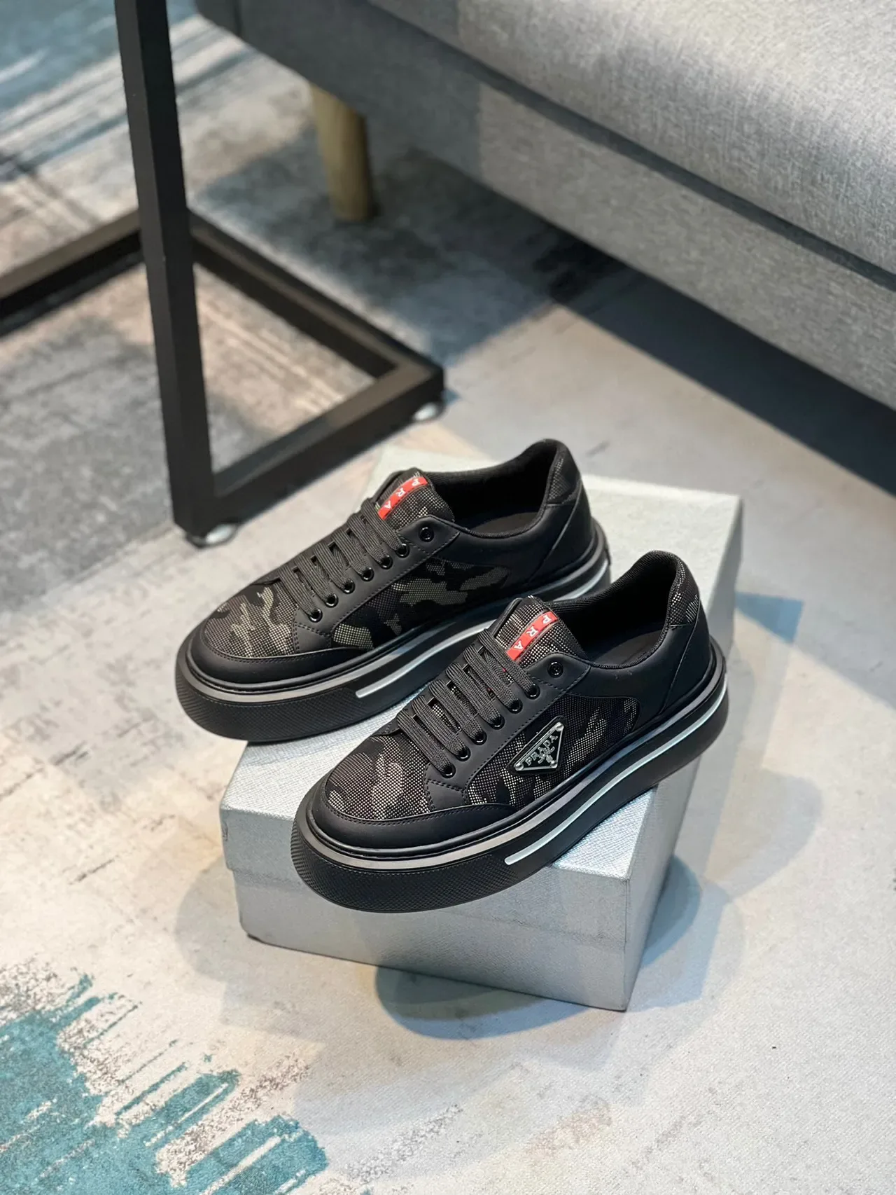 Prada Black Red Mesh And Leather Upper Thick Platform Sole Lifestyle Sneakers 7