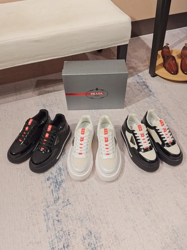 Prada Black Red Platform Sole Mixed Mesh And Patent Leather Upper Lifestyle Sneakers 2