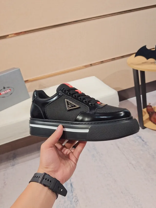 Prada Black Red Platform Sole Mixed Mesh And Patent Leather Upper Lifestyle Sneakers 5