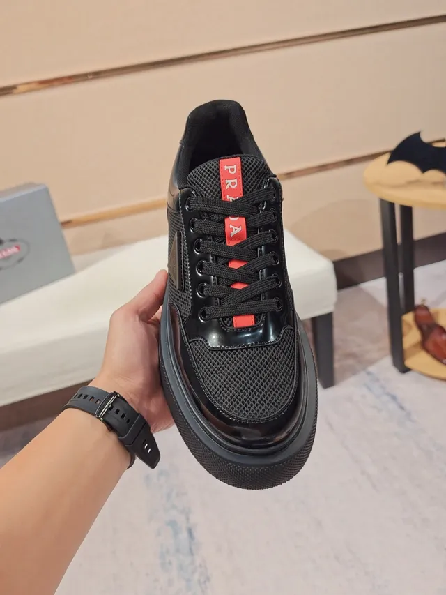 Prada Black Red Platform Sole Mixed Mesh And Patent Leather Upper Lifestyle Sneakers 6