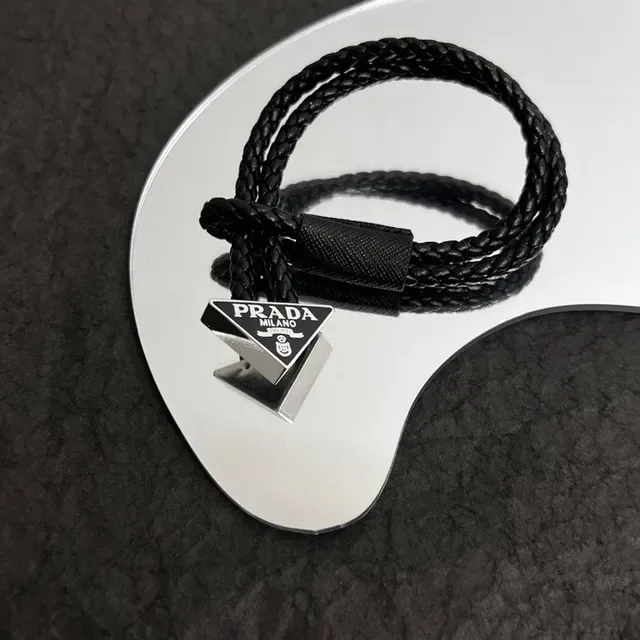 Prada Black Silver Braided Cord Triangular Metal Logo Plaque Bracelet 4
