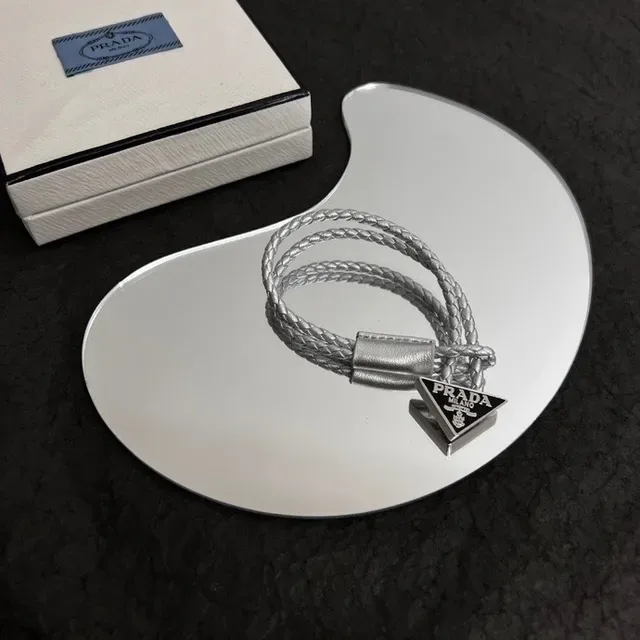 Prada Black Silver Braided Cord Triangular Metal Logo Plaque Bracelet 5