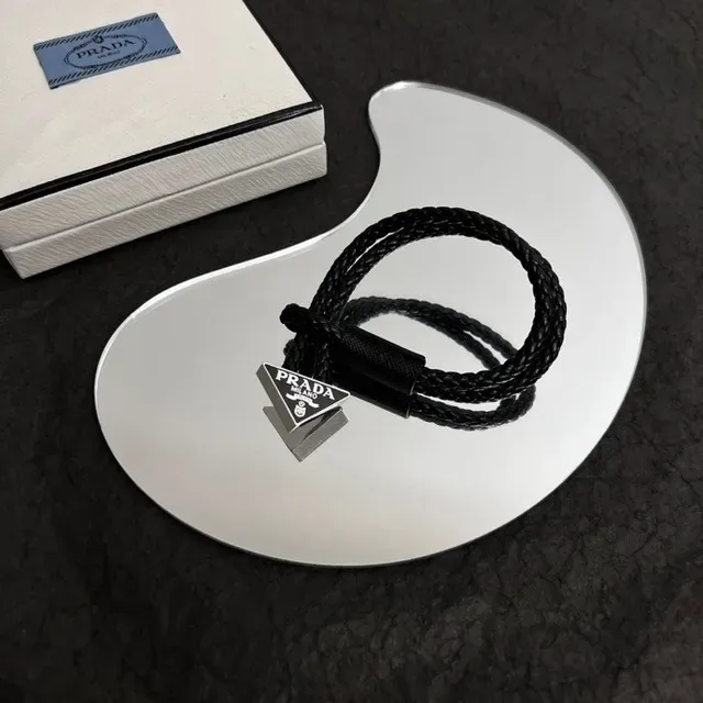 Prada Black Silver Braided Cord Triangular Metal Logo Plaque Bracelet 7