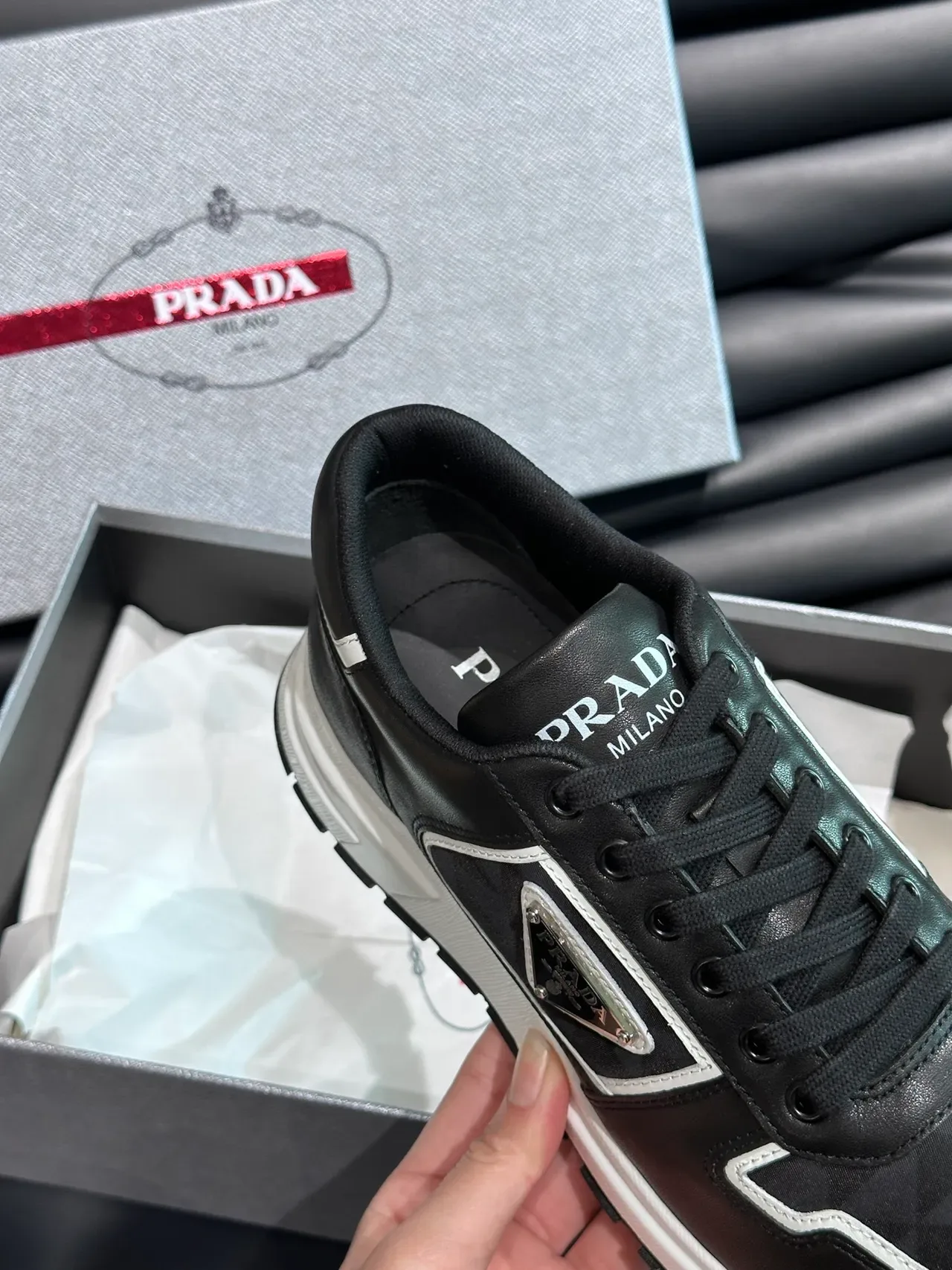 Prada Black White Leather Upper Geometric Quilted Panel Lifestyle Sneakers 3