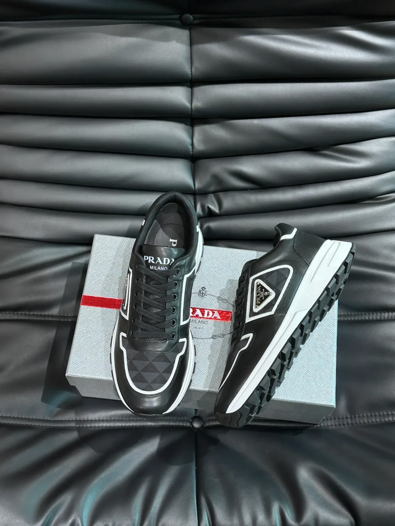Prada Black White Leather Upper Geometric Quilted Panel Lifestyle Sneakers 5
