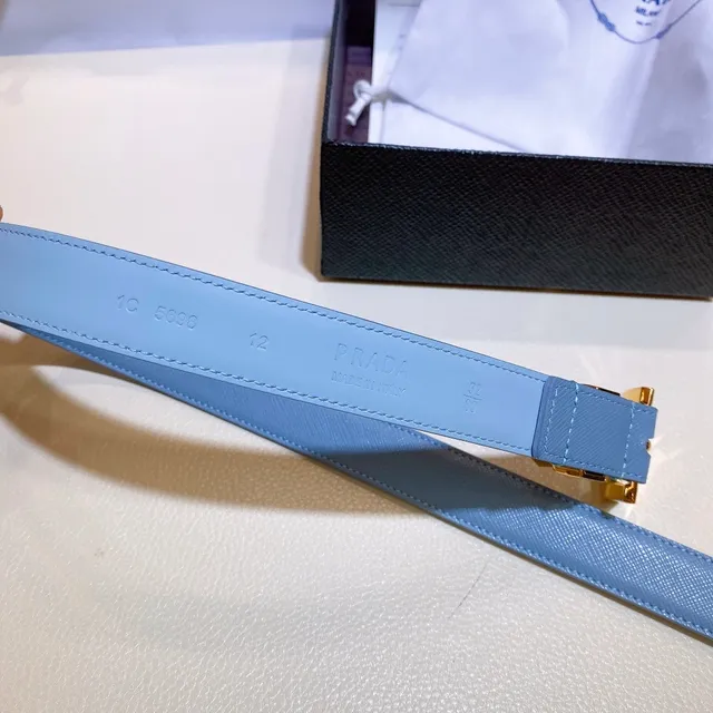 Prada Blue Gold Light Saffiano Triangular Plaque Buckle Leather Belt 2