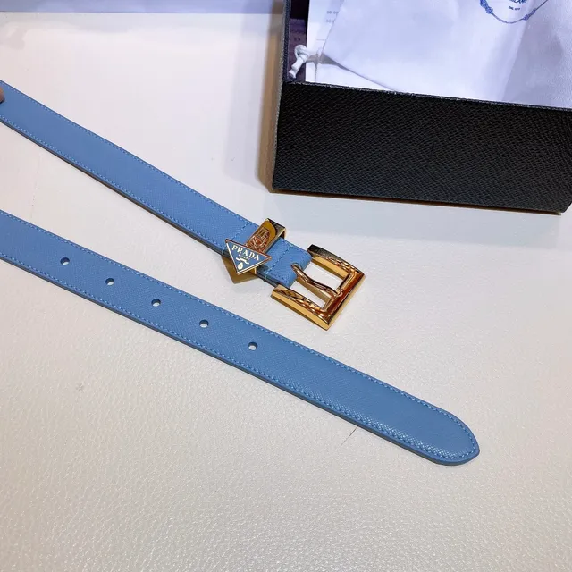 Prada Blue Gold Light Saffiano Triangular Plaque Buckle Leather Belt 5