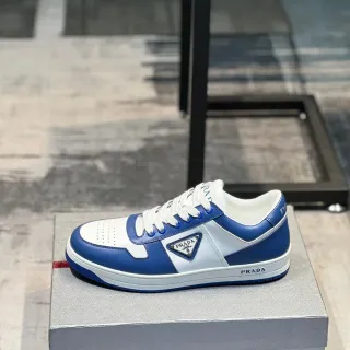 Prada حذاء سينيكرز أسلوب حياة جلد أزرق أبيض بلك بلك لوحة شعار مثلثية