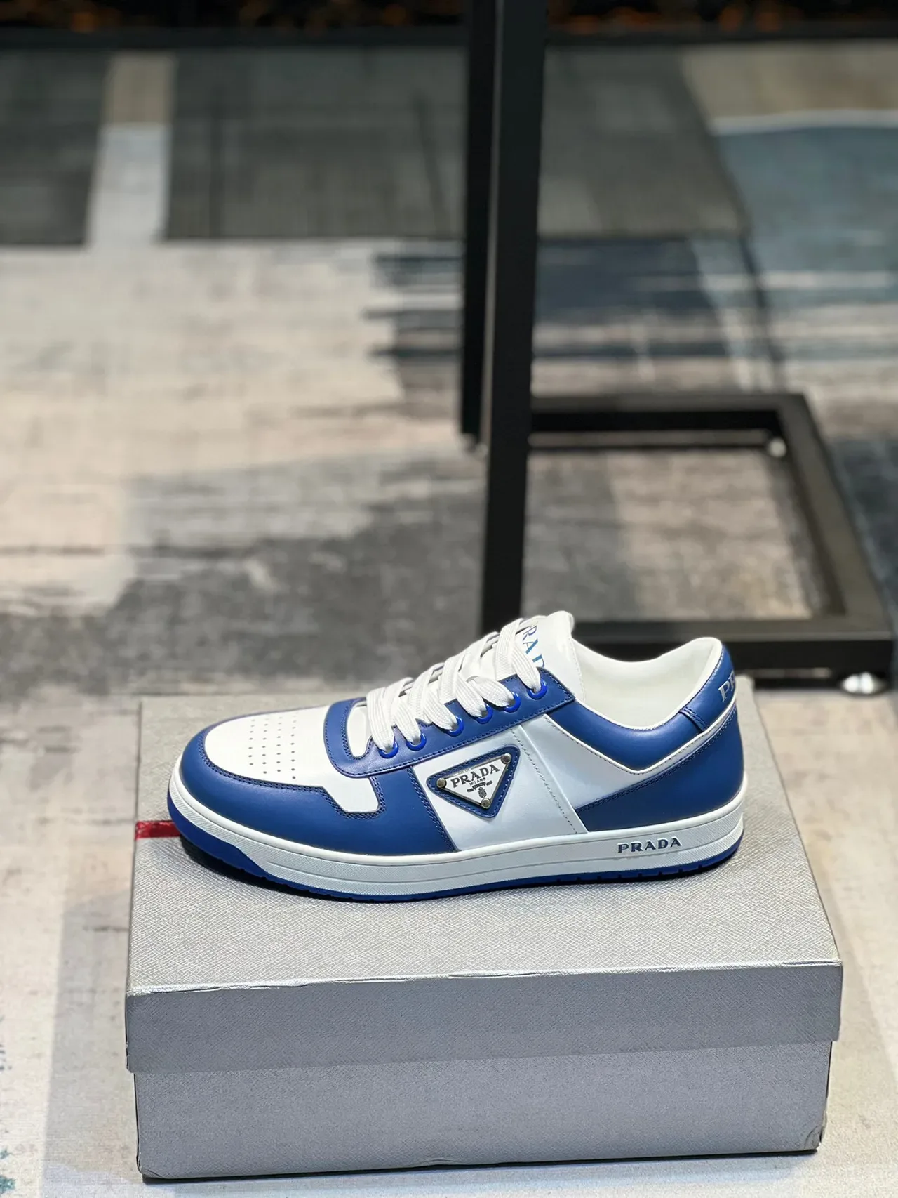 Prada Blue White Color-Blocked Leather Triangular Logo Plaque Lifestyle Sneakers 1