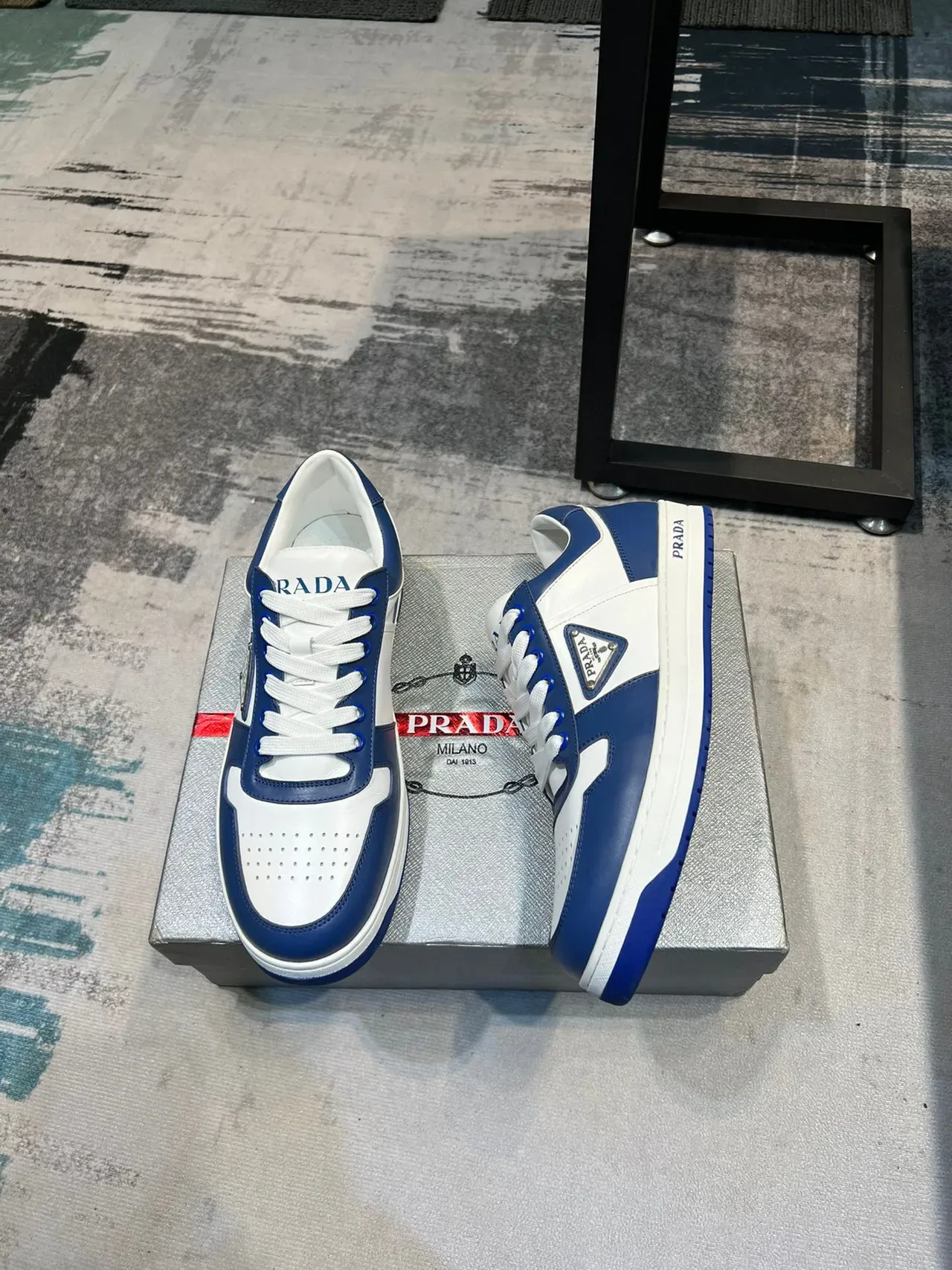 Prada Blue White Color-Blocked Leather Triangular Logo Plaque Lifestyle Sneakers 4