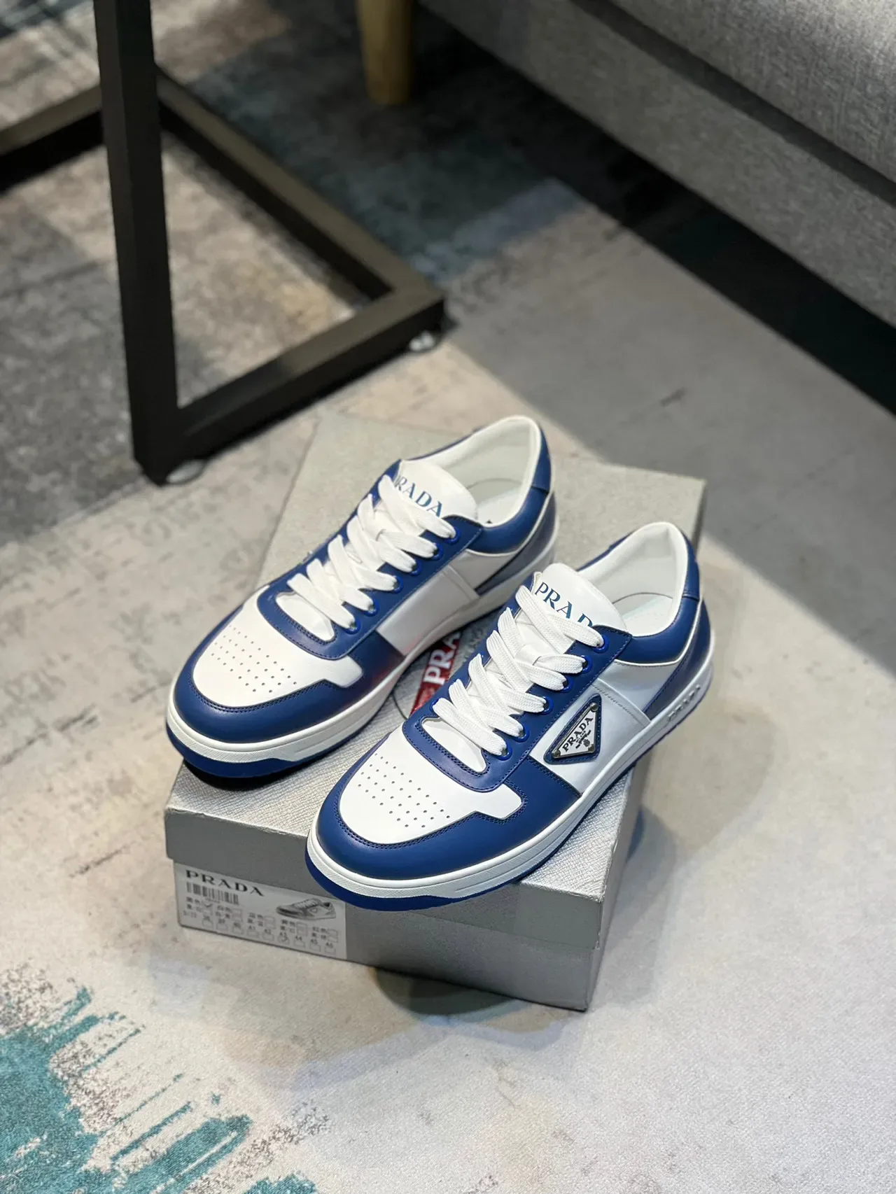 Prada Blue White Color-Blocked Leather Triangular Logo Plaque Lifestyle Sneakers 8