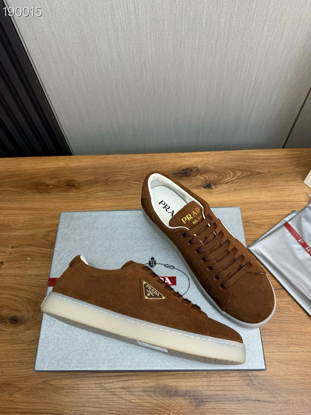 Prada Brown White Suede Upper Triangular Logo Plaque Lifestyle Sneakers 6