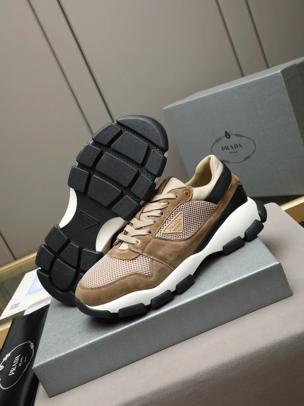 Prada Cloudbust Beige Suede and Mesh Chunky Sneakers 4