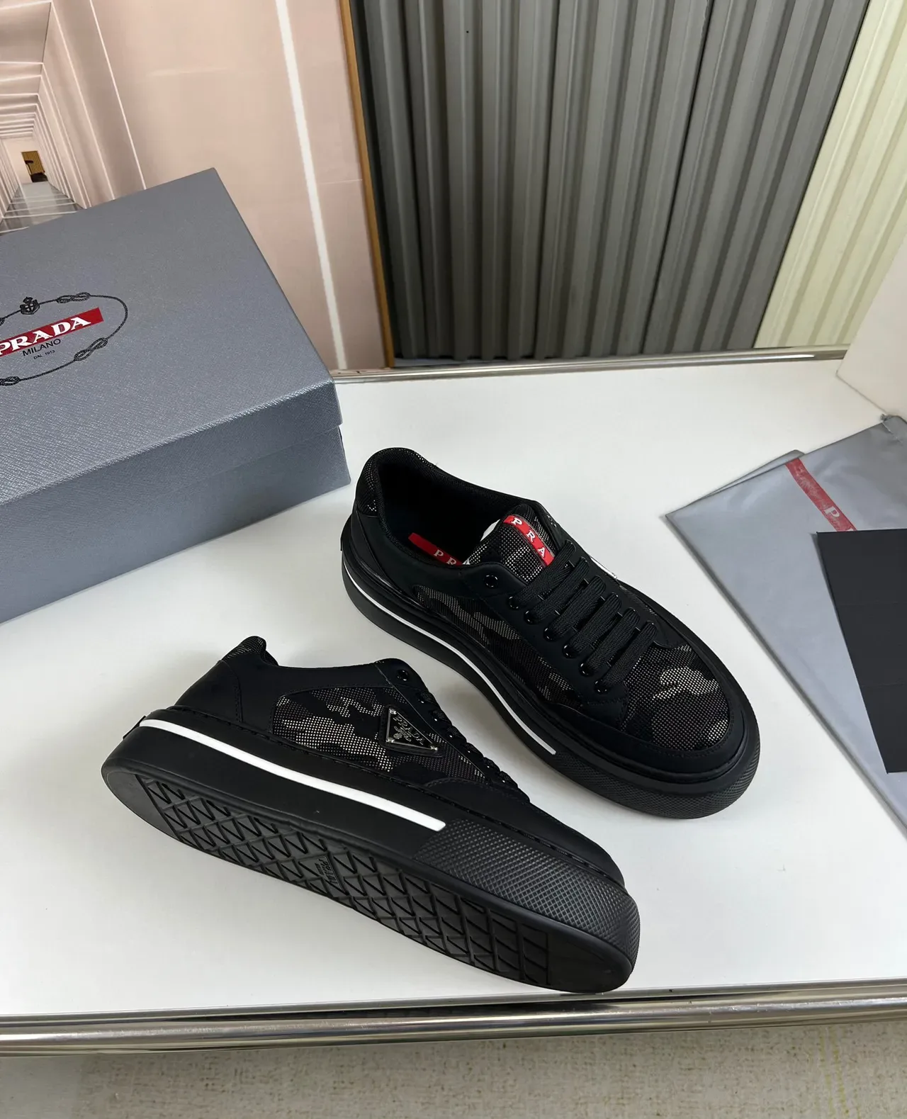 Prada Cloudbust Black Mesh and Leather Platform Lifestyle Sneakers 6