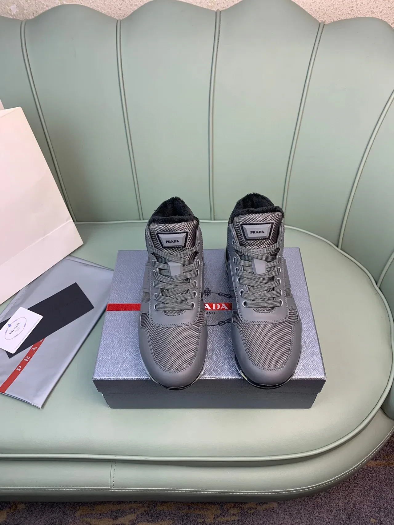 Prada Cloudbust Gray Black High-Top Mesh-and-Synthetic Upper Lifestyle Sneakers 7