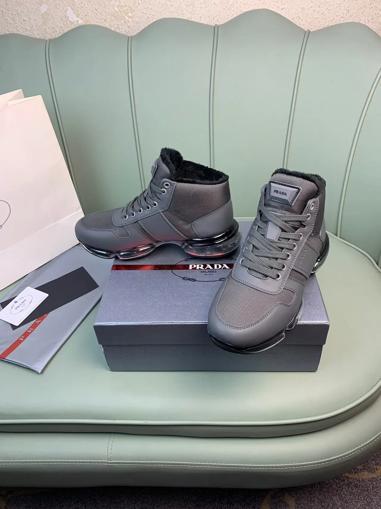 Prada Cloudbust Gray Black High-Top Mesh-and-Synthetic Upper Lifestyle Sneakers 9