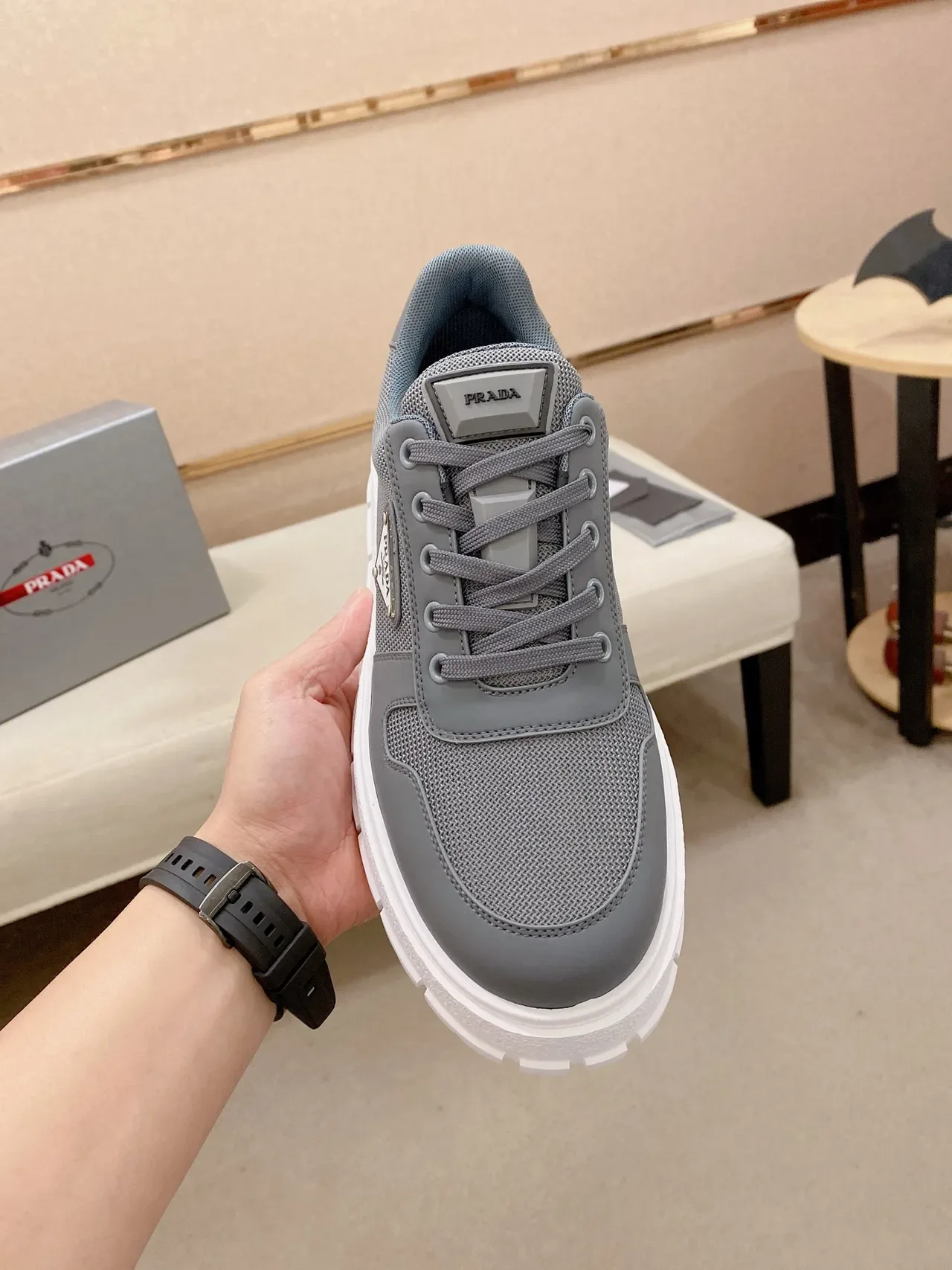 Prada Cloudbust Gray Mesh-Synthetic Platform Chunky Sneakers 5