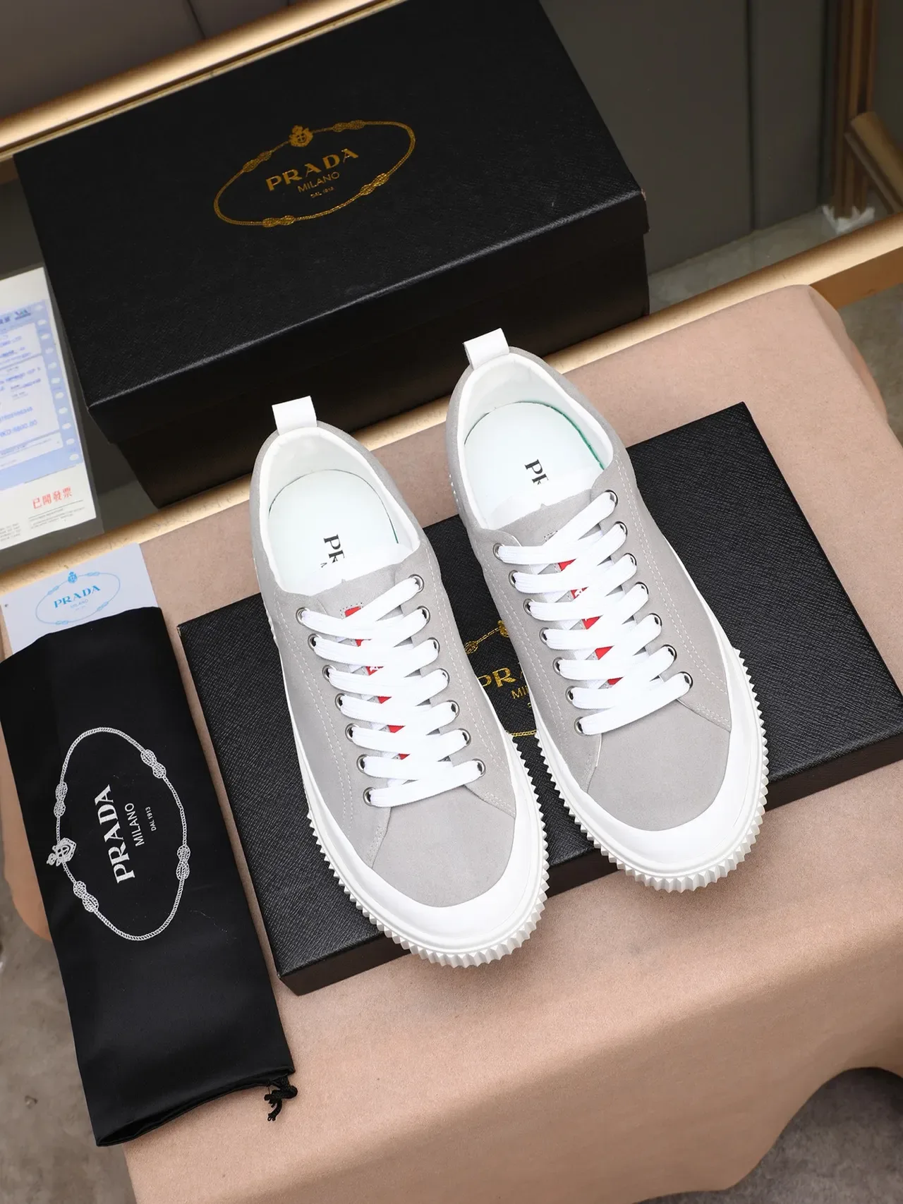 Prada Cloudbust Gray Suede Red Logo Tape Lifestyle Sneakers 3