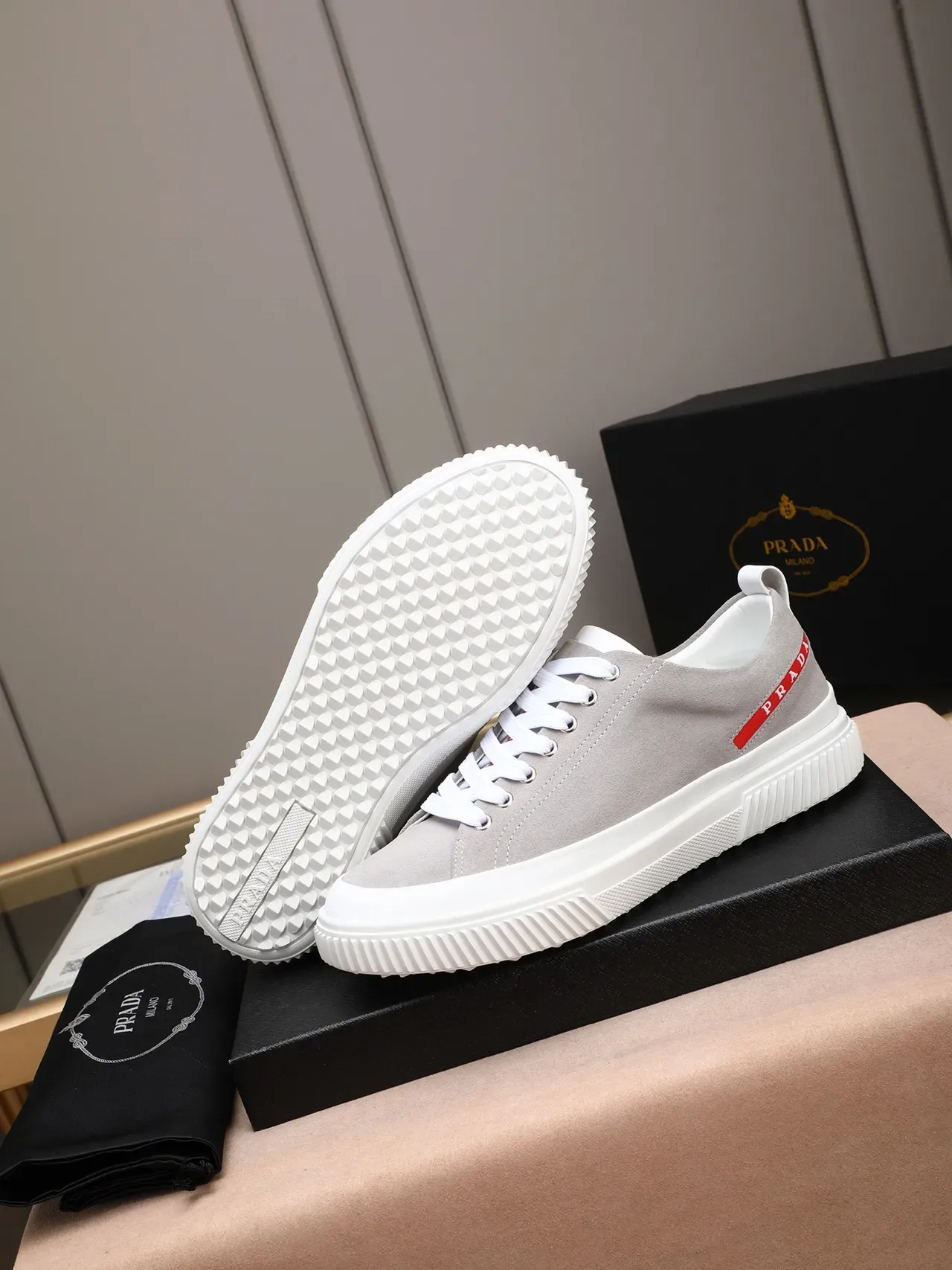Prada Cloudbust Gray Suede Red Logo Tape Lifestyle Sneakers 4
