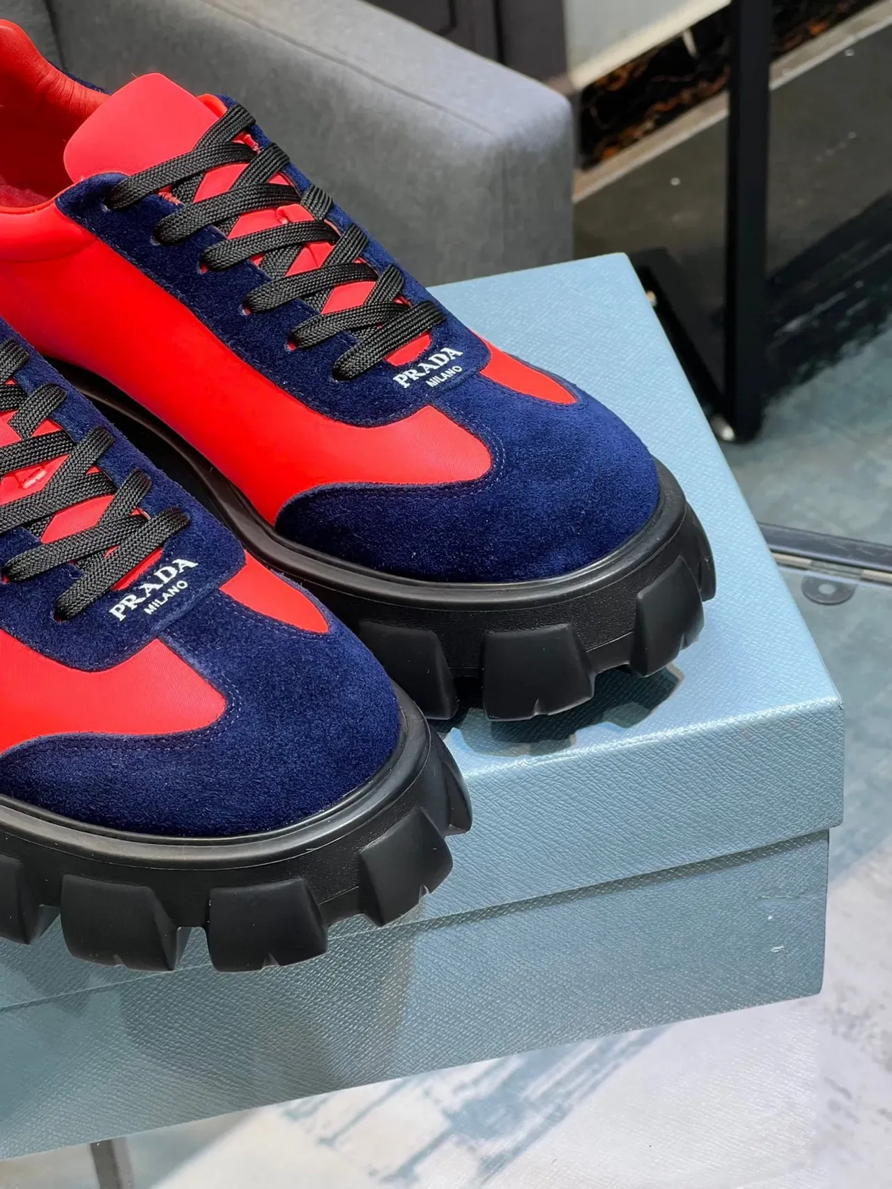 Prada Cloudbust Red and Navy Suede Lifestyle Sneakers 5
