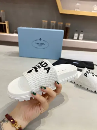 Prada Cloudbust Slide White Mesh Embroidered Logo Slippers 2