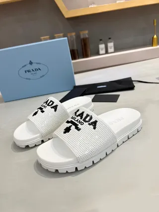 Prada Cloudbust Slide White Mesh Embroidered Logo Slippers 3