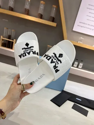Prada Cloudbust Slide White Mesh Embroidered Logo Slippers 4