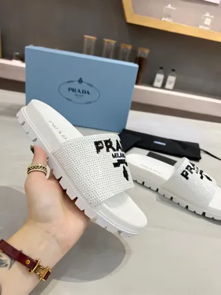 Prada Cloudbust Slide White Mesh Embroidered Logo Slippers 5